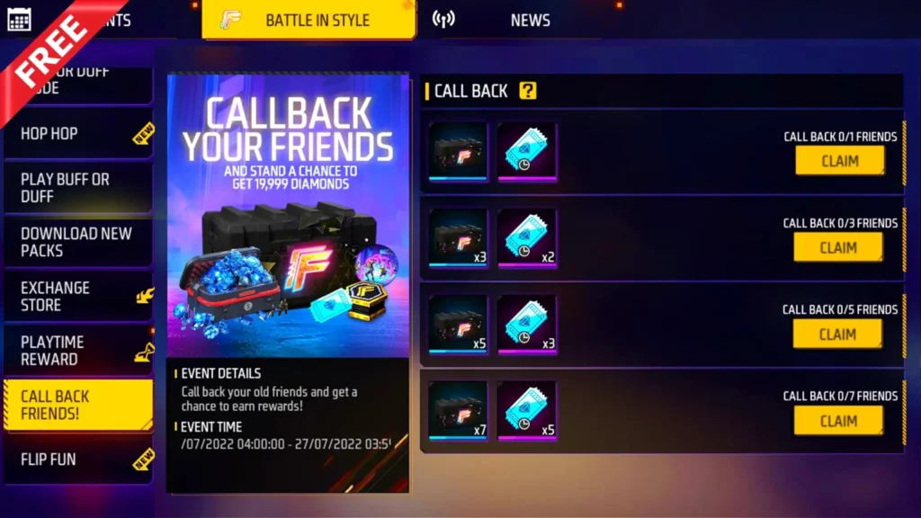 free fire call back event screenshot of loot crate in which free fire loot crate and rewards with claim option in yellow coloured box