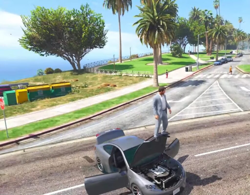 gta 5 game screenshot in which michal stands on bonut of car