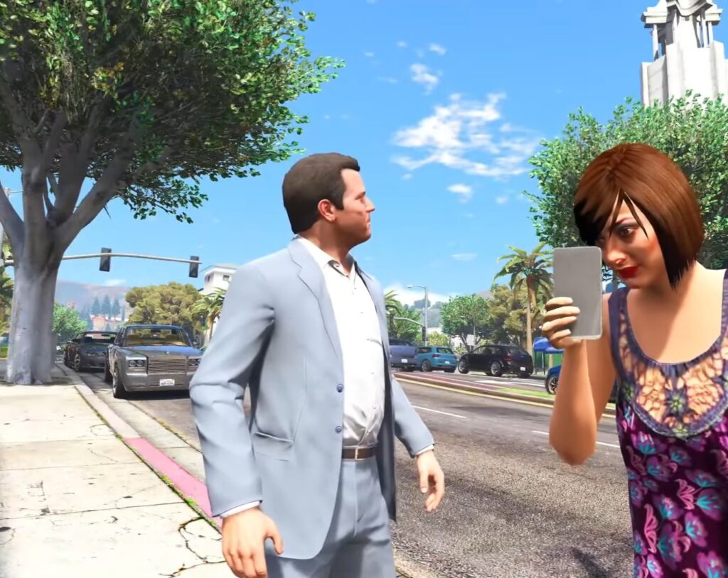first Mistakes in GTA game without camera mobile phone hold and stand a lady with gta game character michal