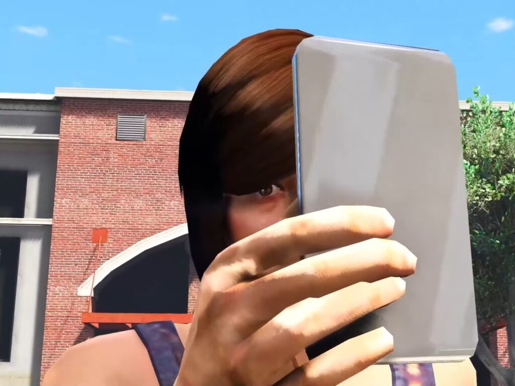 a girl is taking selfie with mobile phone camera in gta 5 game