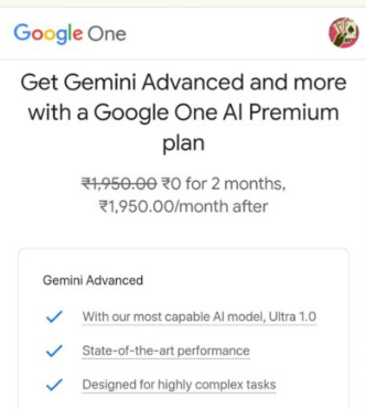 screenshot of mobile phone screen, with in Google one Google gemini and google gemini advance plan show