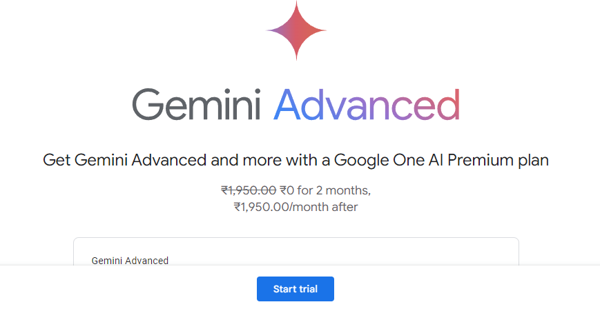Screenshot of Google Gemini advanced plan and pricing 