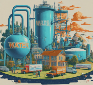 A vibrant illustration showcasing the key aspects of a successful water business. A modern water treatment facility with advanced filtration systems stands at the center, connected by pipes to a large storage of drinking clean water in tanks. Delivery trucks, branded with a professional logo, are being loaded with fresh, purified water. Diverse customers, including a family, an elderly woman, and a person using a wheelchair, receive drinking clean water deliveries with smiles, highlighting the company's commitment to excellent customer service. The image conveys professionalism, reliability, and a dedication to providing clean and safe drinking water for all communities.