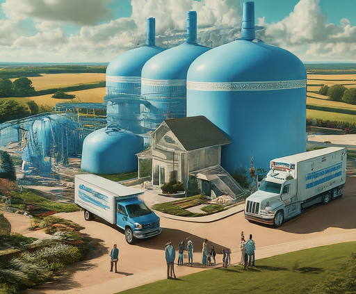 A vibrant illustration showcasing the key aspects of a successful water business. A modern water treatment facility with advanced filtration systems stands at the center, connected by pipes to large storage tanks. Delivery trucks, branded with a professional logo, are being loaded with fresh, purified water. Diverse customers, including a family, an elderly woman, and a person using a wheelchair, receive water deliveries with smiles, highlighting the company's commitment to excellent customer service. The image conveys professionalism, reliability, and a dedication to providing clean and safe drinking water for all communities.
