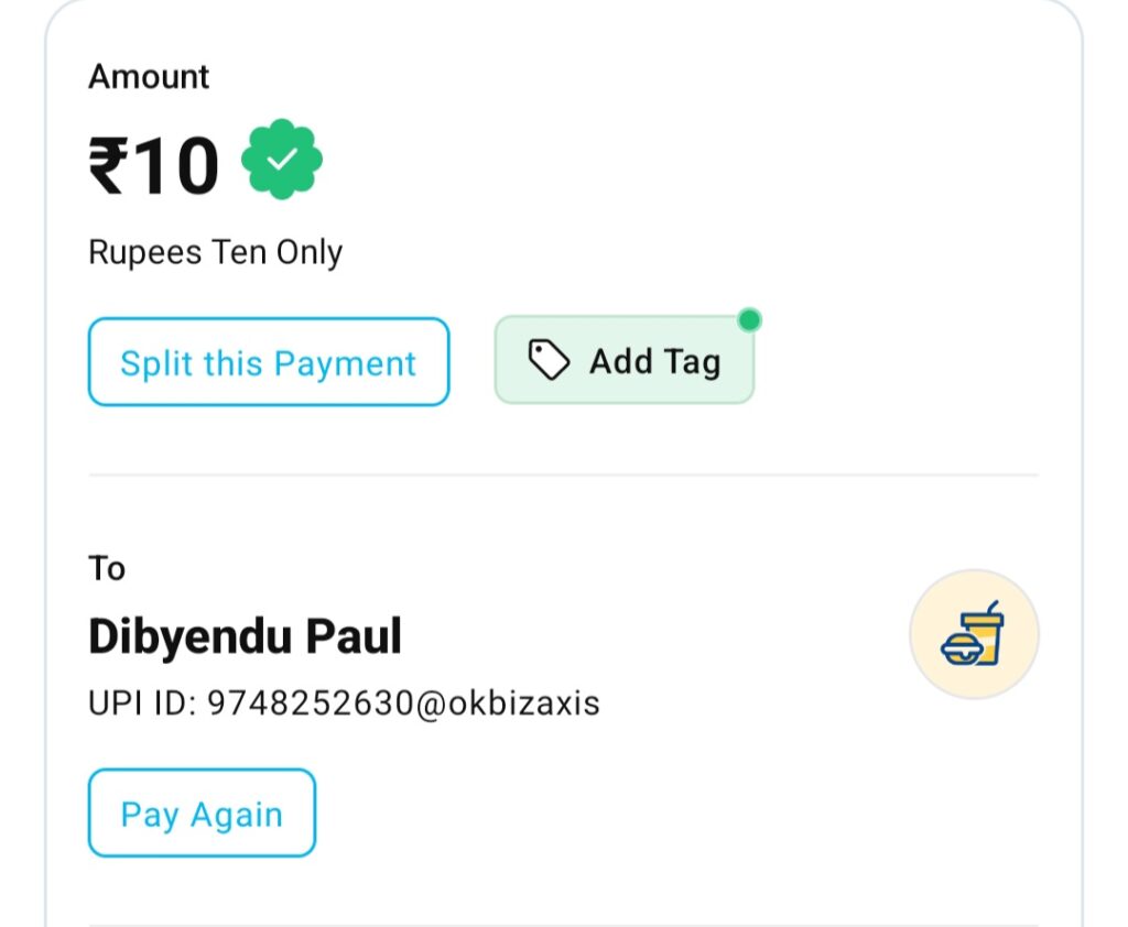 Dibyendu Paul Wholesale Water Supply payment screenshot of 10 rupees