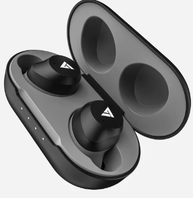 Black Boult Audio AirBass Bluetooth earbuds with a sleek, modern design. The earbuds feature an ergonomic shape for a comfortable fit and a compact charging case for convenient storage.