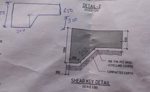 The image displays a detailed shear key design for culvert construction. It includes dimensions such as a 300 mm horizontal projection and a 100 mm vertical section, with an overall height of 1200 mm. The shear key is part of a concrete structure with a top height of 650 mm, resting on a 100 mm thick PCC (M15) leveling course over compacted earth. This design detail ensures structural stability and integrity.